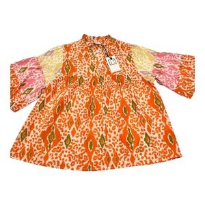 THML Ruffle High Neck Patchwork Dress Print Orange Cheeta Size S‎ NWT